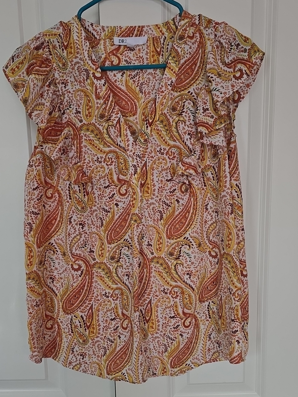 DR2 Paisley Ruffle Sleeve V-Neck Blouse - Pink, Yellow, Rust
